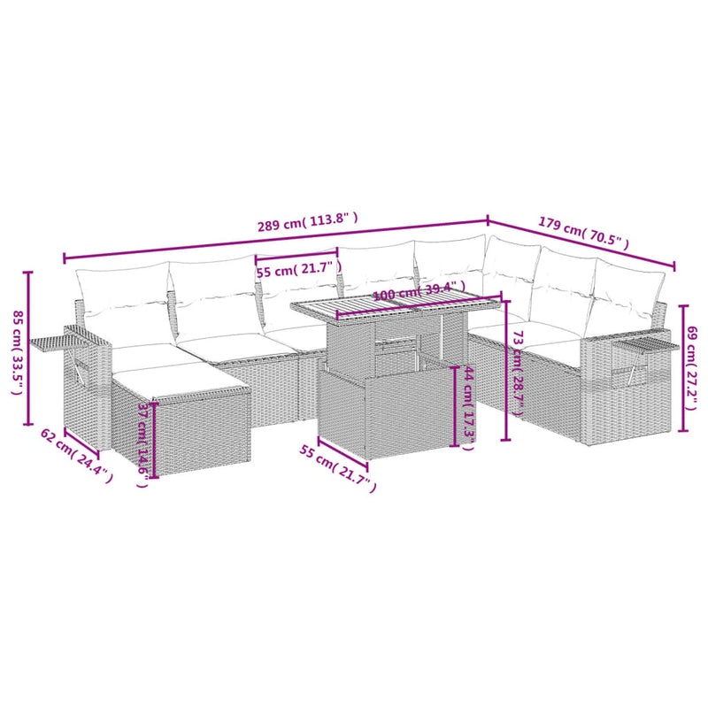 vidaXL 9 Piece Garden Sofa Set with Cushions Grey Poly Rattan