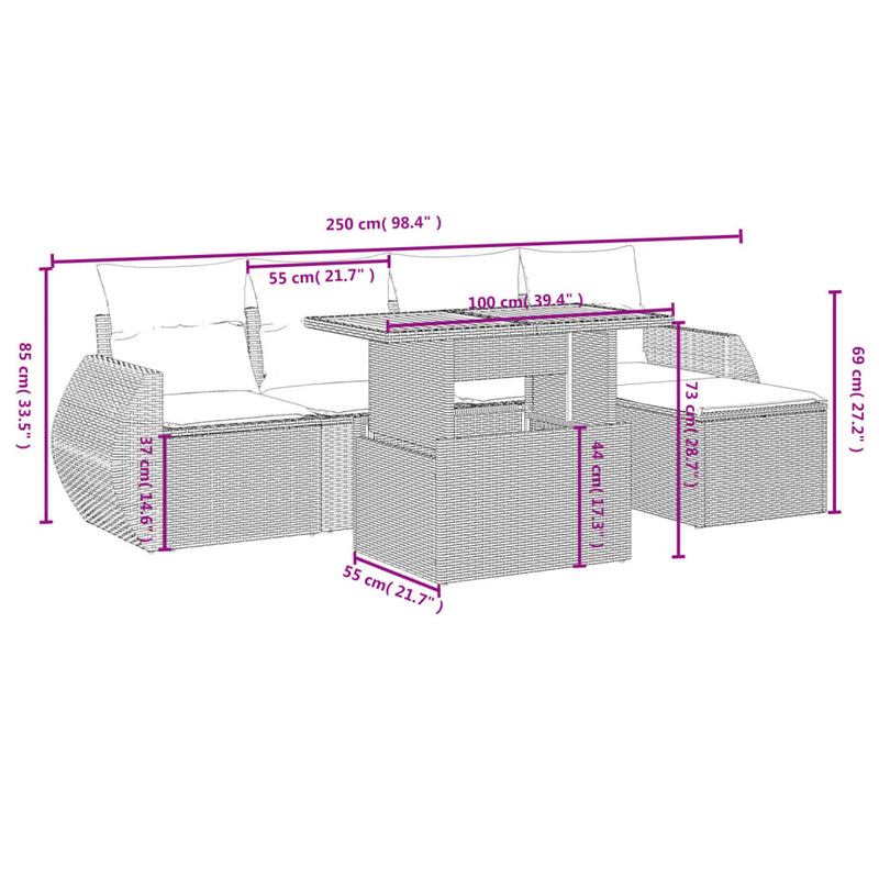 vidaXL 6 Piece Garden Sofa Set with Cushions Grey Poly Rattan