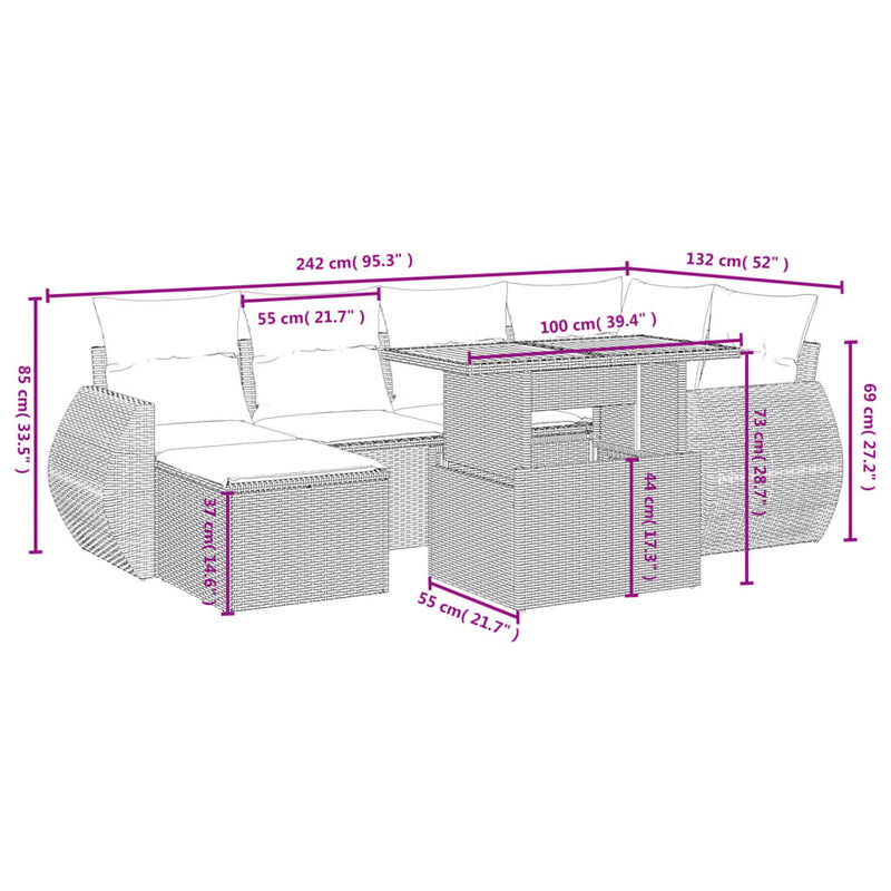 vidaXL 7 Piece Garden Sofa Set with Cushions Grey Poly Rattan