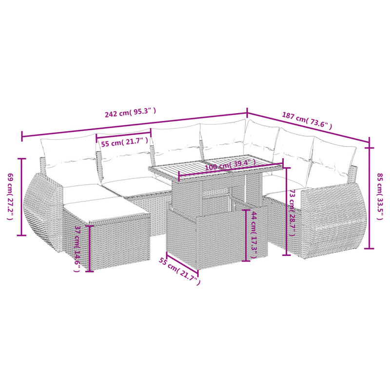 vidaXL 8 Piece Garden Sofa Set with Cushions Grey Poly Rattan