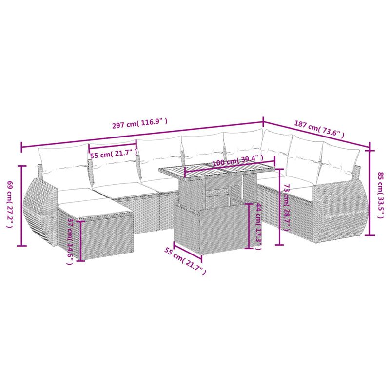 vidaXL 9 Piece Garden Sofa Set with Cushions Grey Poly Rattan
