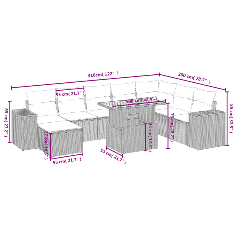 vidaXL 9 Piece Garden Sofa Set with Cushions Black Poly Rattan