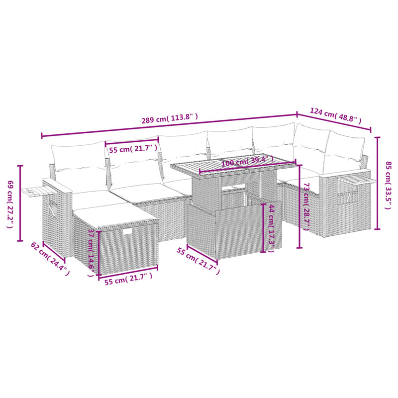 vidaXL 8 Piece Garden Sofa Set with Cushions Grey Poly Rattan