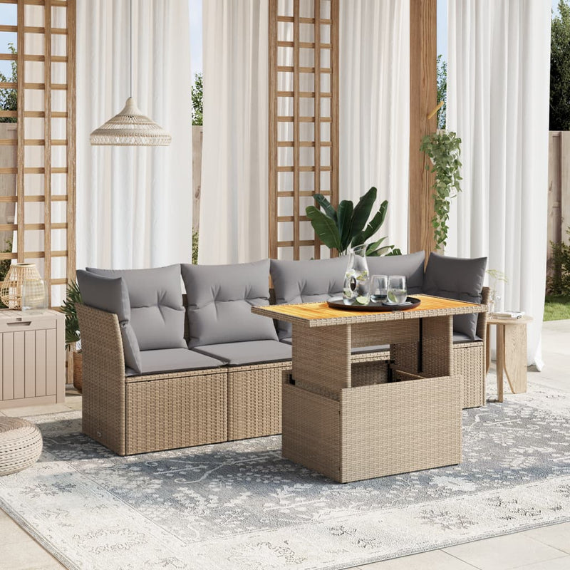 vidaXL 5 Piece Garden Sofa Set with Cushions Beige Poly Rattan