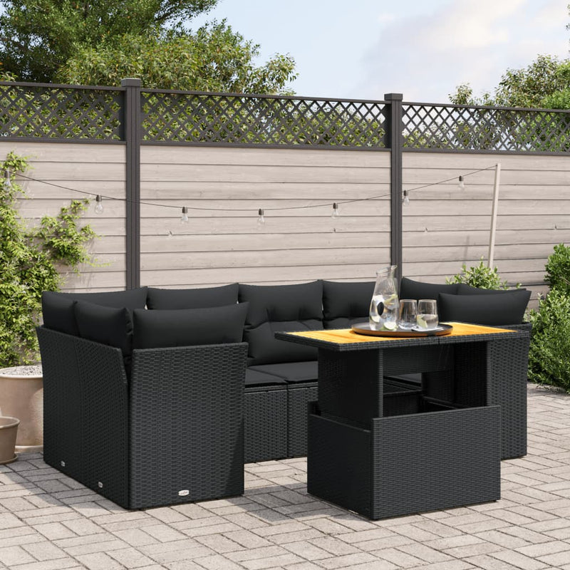 vidaXL 7 Piece Garden Sofa Set with Cushions Black Poly Rattan
