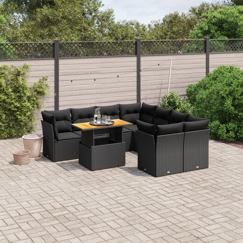 vidaXL 9 Piece Garden Sofa Set with Cushions Black Poly Rattan