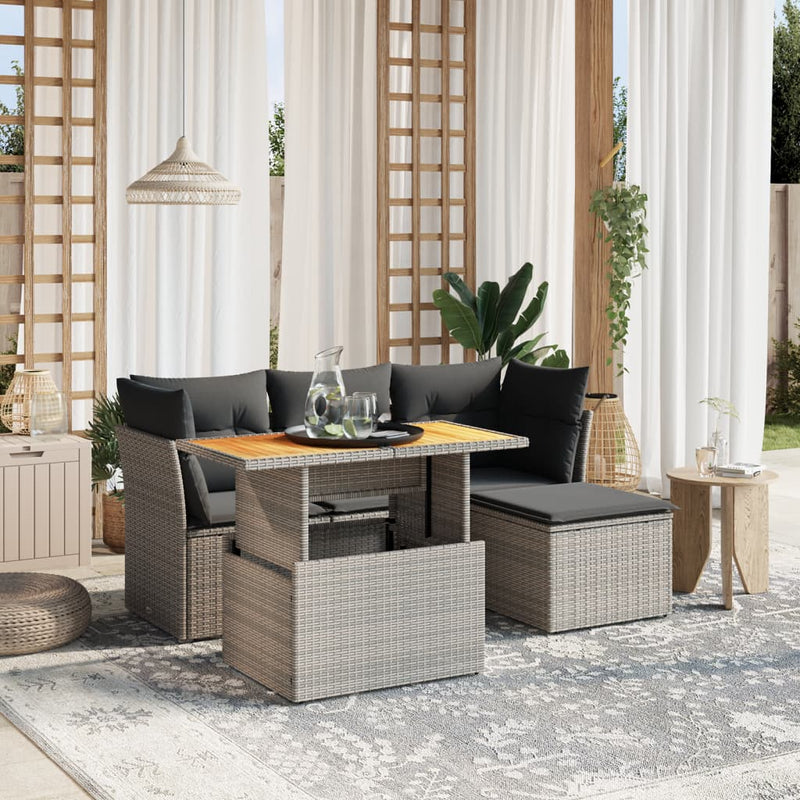 vidaXL 6 Piece Garden Sofa Set with Cushions Grey Poly Rattan