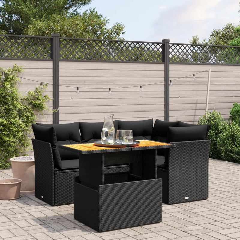 vidaXL 5 Piece Garden Sofa Set with Cushions Black Poly Rattan