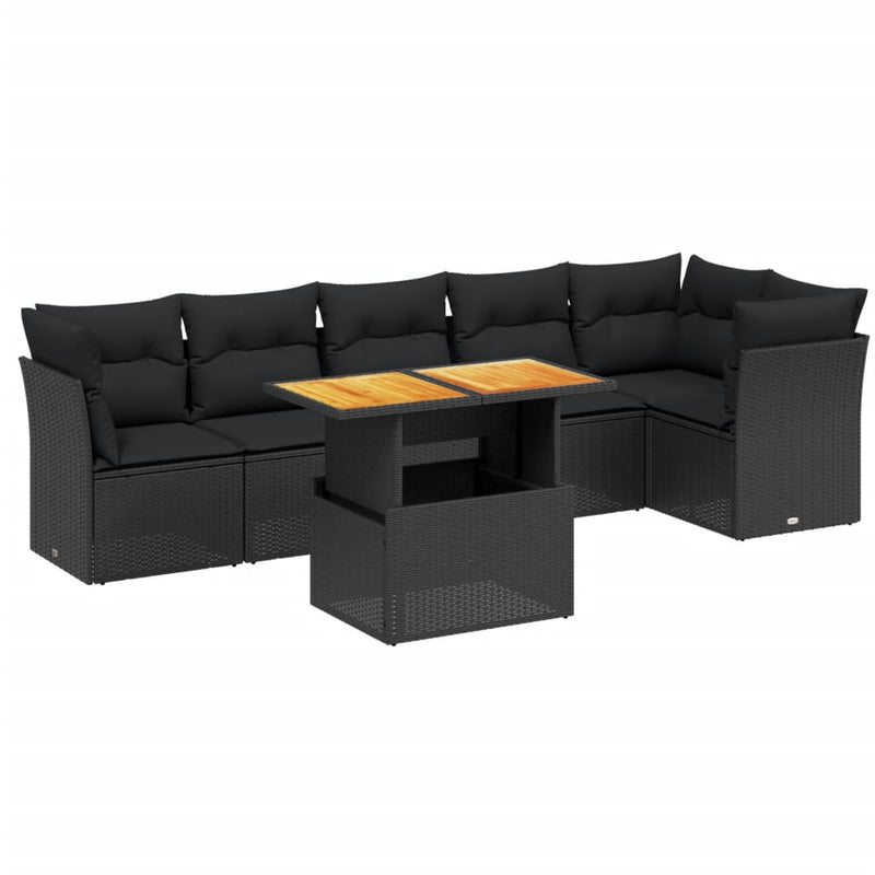 vidaXL 7 Piece Garden Sofa Set with Cushions Black Poly Rattan