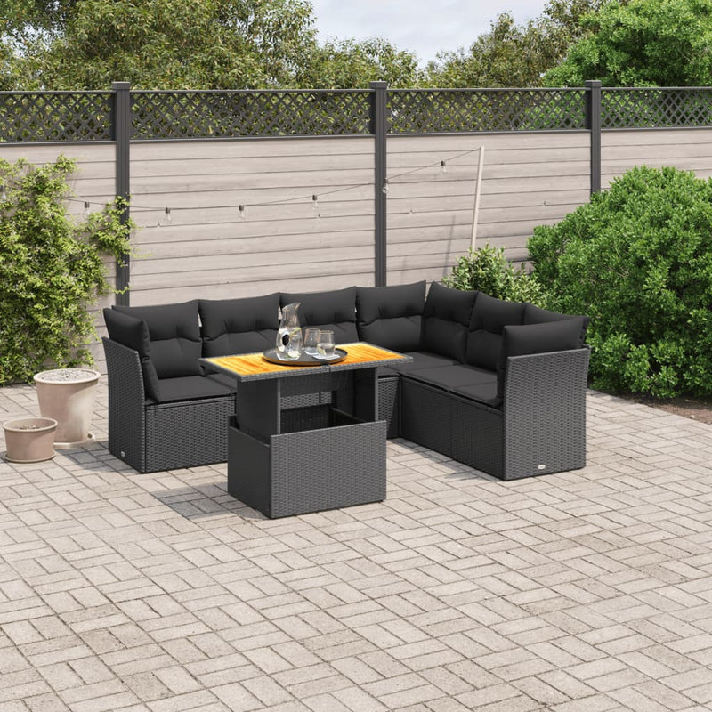vidaXL 7 Piece Garden Sofa Set with Cushions Black Poly Rattan