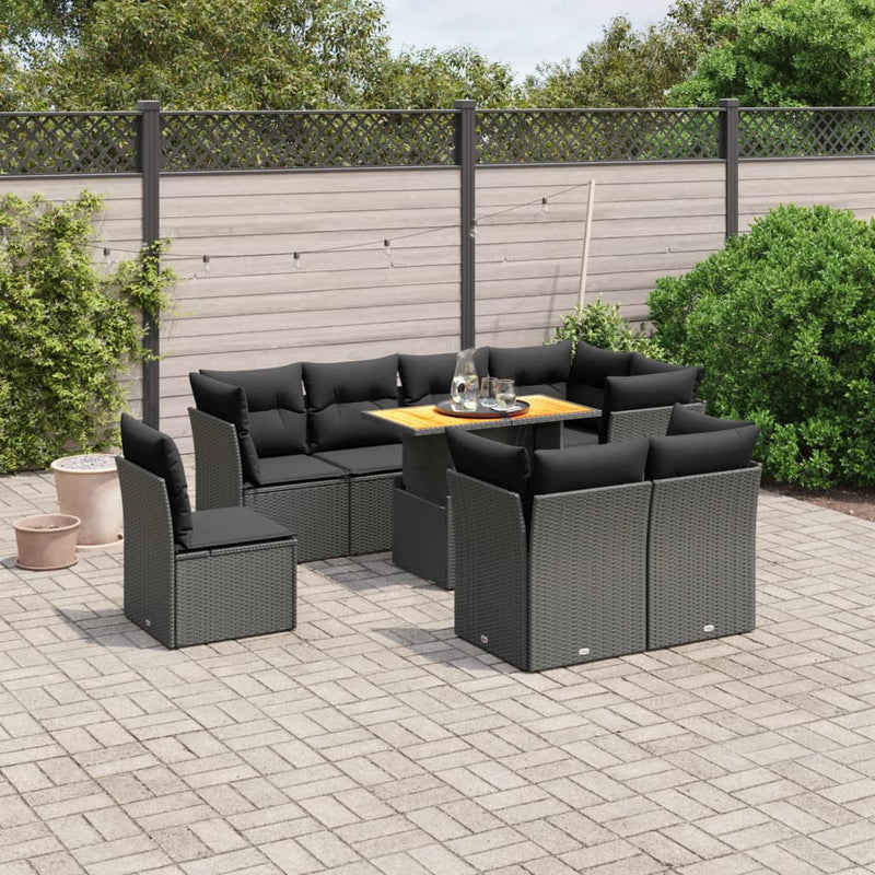 vidaXL 9 Piece Garden Sofa Set with Cushions Black Poly Rattan