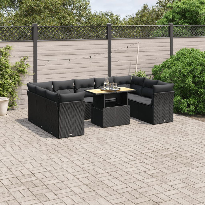 vidaXL 10 Piece Garden Sofa Set with Cushions Black Poly Rattan