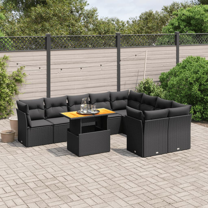 vidaXL 10 Piece Garden Sofa Set with Cushions Black Poly Rattan