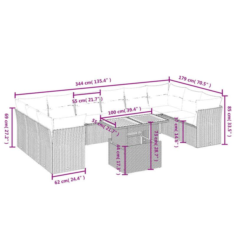 vidaXL 11 Piece Garden Sofa Set with Cushions Grey Poly Rattan