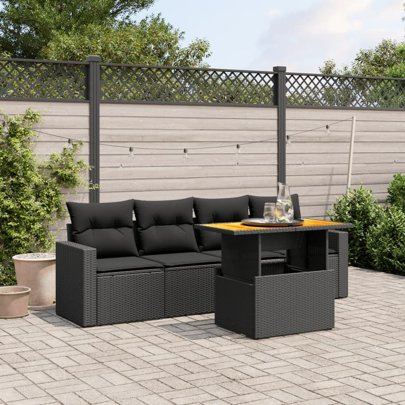 vidaXL 5 Piece Garden Sofa Set with Cushions Black Poly Rattan