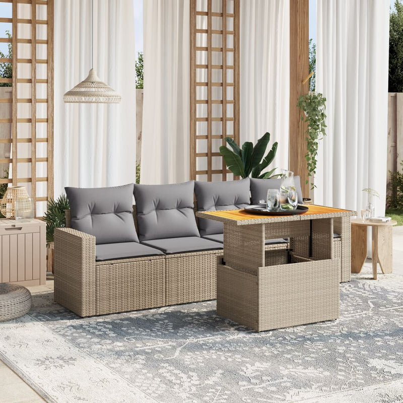 vidaXL 5 Piece Garden Sofa Set with Cushions Beige Poly Rattan