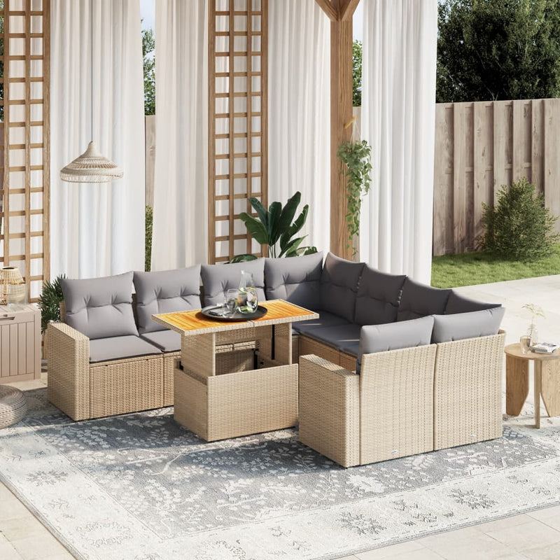 vidaXL 9 Piece Garden Sofa Set with Cushions Beige Poly Rattan