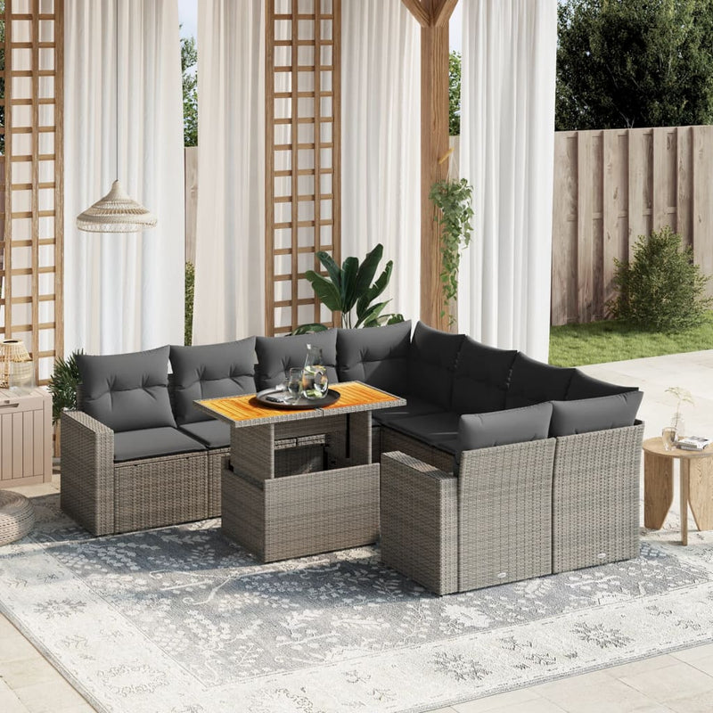 vidaXL 9 Piece Garden Sofa Set with Cushions Grey Poly Rattan