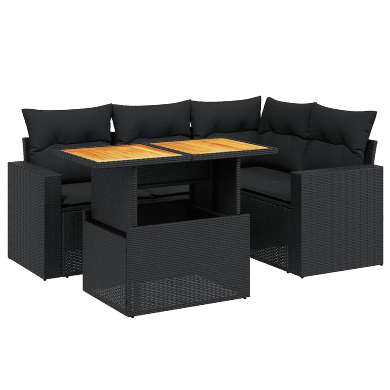 5 Piece Garden Sofa Set with Cushions Black Poly Rattan