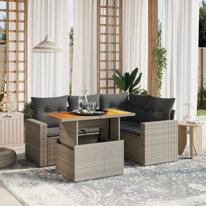 vidaXL 5 Piece Garden Sofa Set with Cushions Grey Poly Rattan