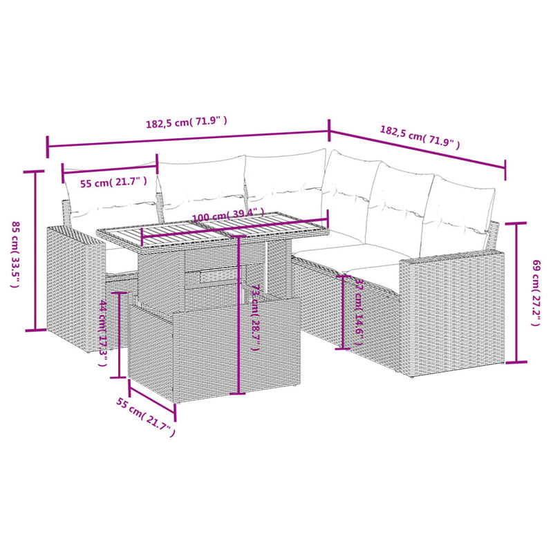 vidaXL 6 Piece Garden Sofa Set with Cushions Grey Poly Rattan