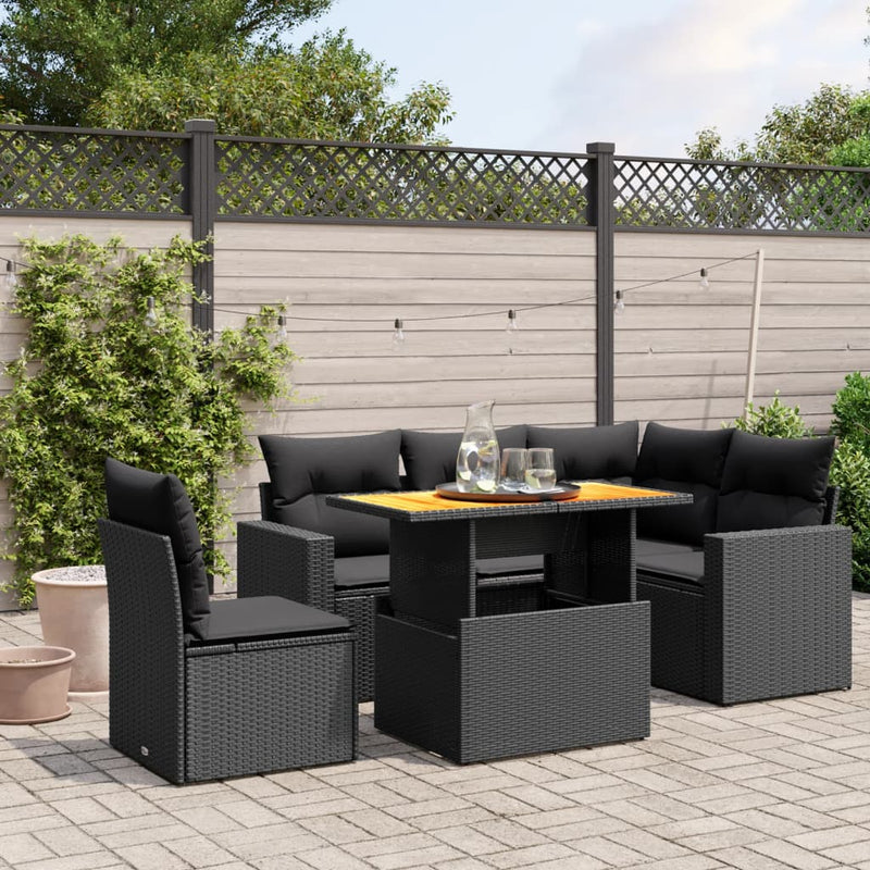 6 Piece Garden Sofa Set with Cushions Black Poly Rattan