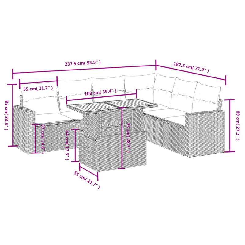 vidaXL 7 Piece Garden Sofa Set with Cushions Grey Poly Rattan