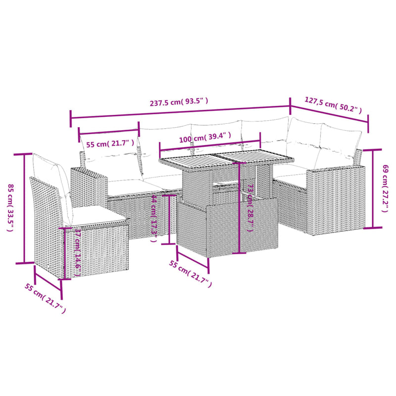 vidaXL 7 Piece Garden Sofa Set with Cushions Black Poly Rattan