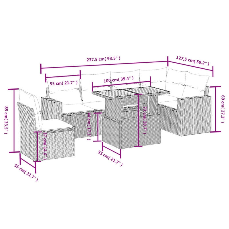vidaXL 7 Piece Garden Sofa Set with Cushions Grey Poly Rattan