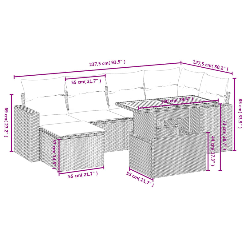 vidaXL 7 Piece Garden Sofa Set with Cushions Black Poly Rattan
