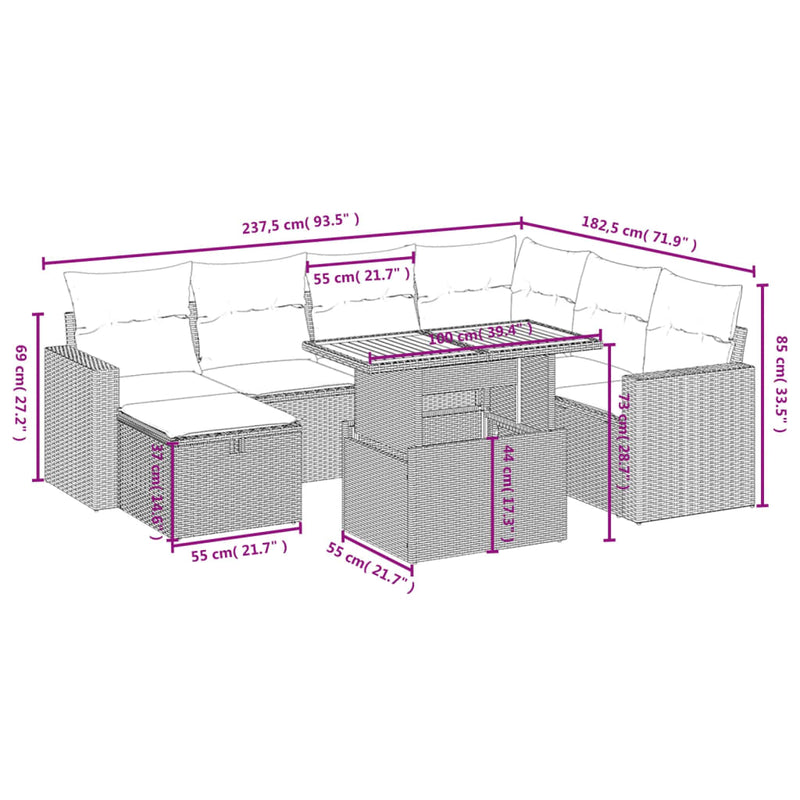 vidaXL 8 Piece Garden Sofa Set with Cushions Grey Poly Rattan