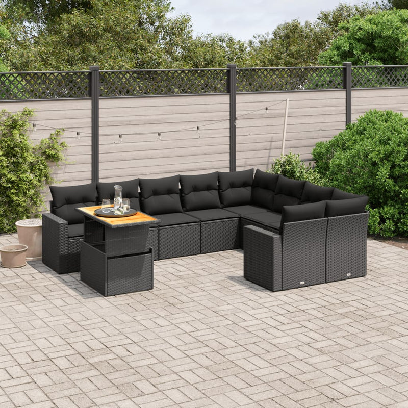 vidaXL 10 Piece Garden Sofa Set with Cushions Black Poly Rattan