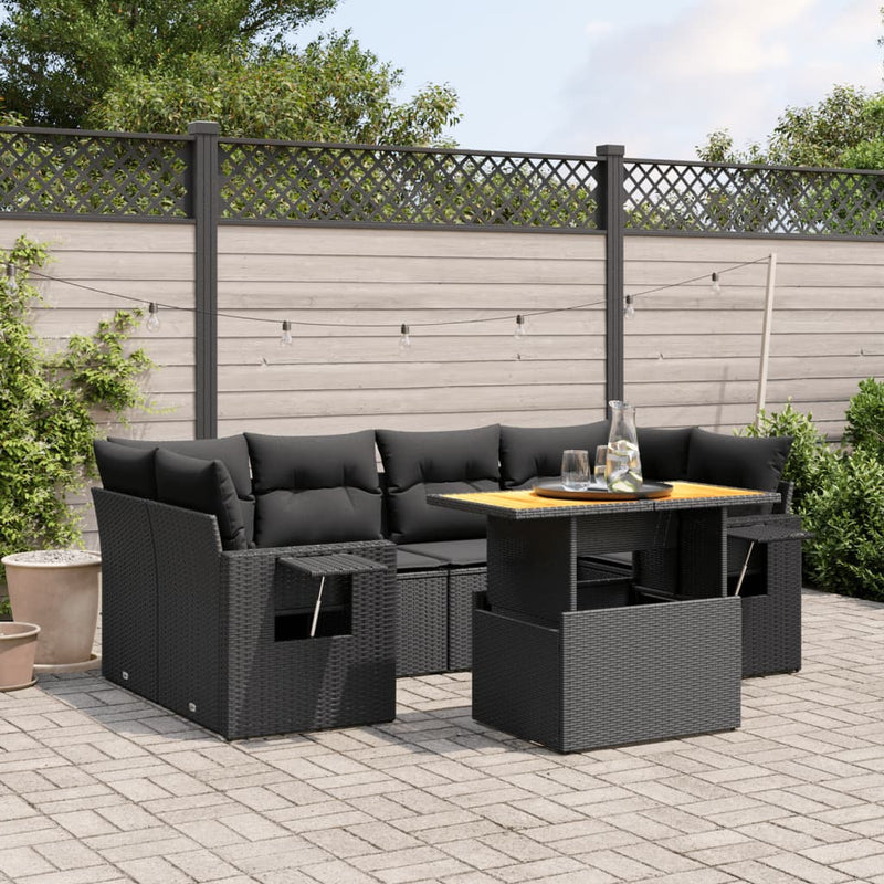 vidaXL 7 Piece Garden Sofa Set with Cushions Black Poly Rattan