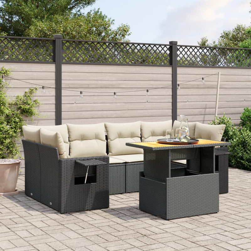vidaXL 7 Piece Garden Sofa Set with Cushions Black Poly Rattan