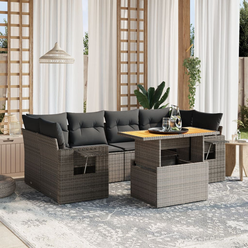 vidaXL 7 Piece Garden Sofa Set with Cushions Grey Poly Rattan