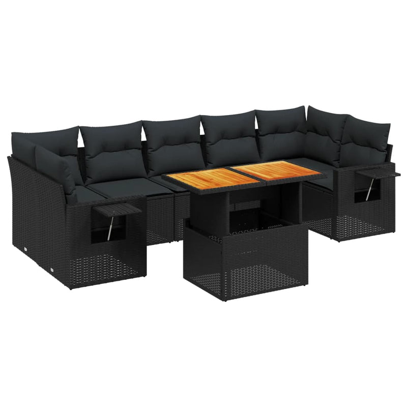 8 Piece Garden Sofa Set with Cushions Black Poly Rattan