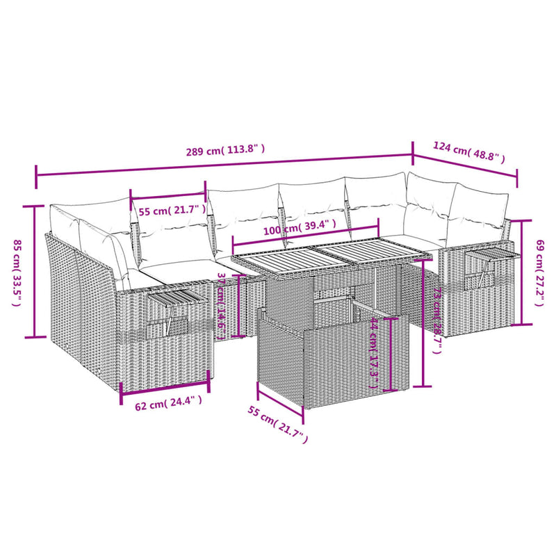 vidaXL 8 Piece Garden Sofa Set with Cushions Black Poly Rattan