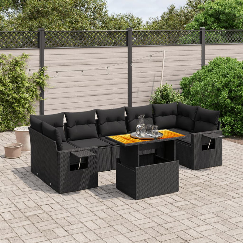 8 Piece Garden Sofa Set with Cushions Black Poly Rattan