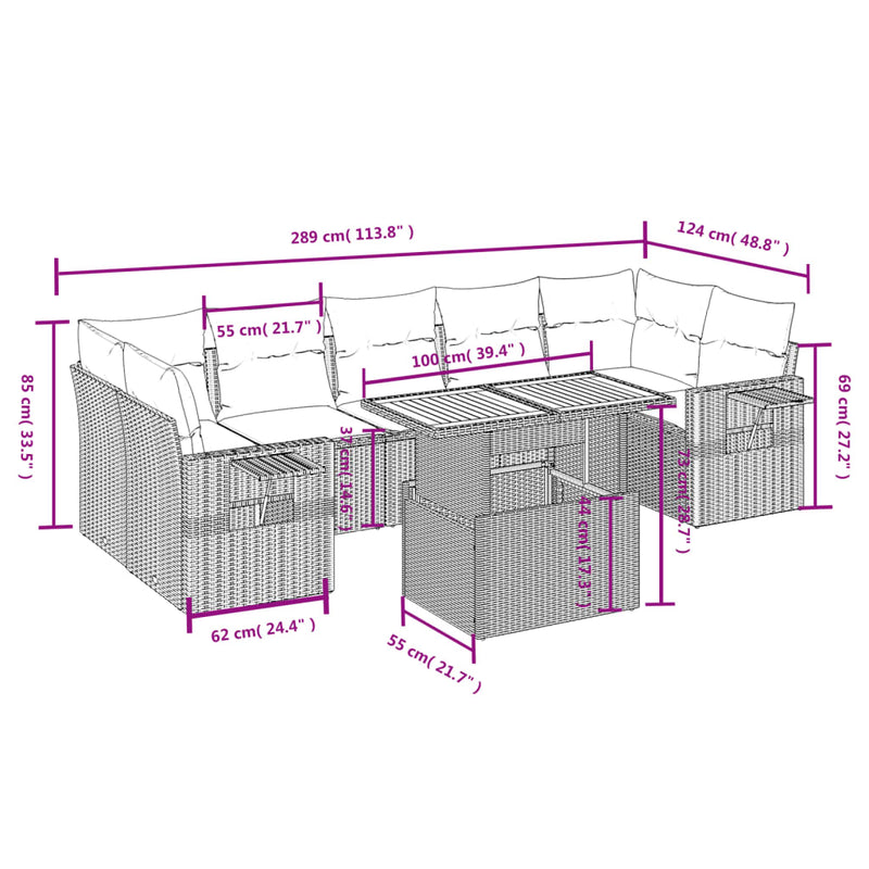 vidaXL 8 Piece Garden Sofa Set with Cushions Black Poly Rattan