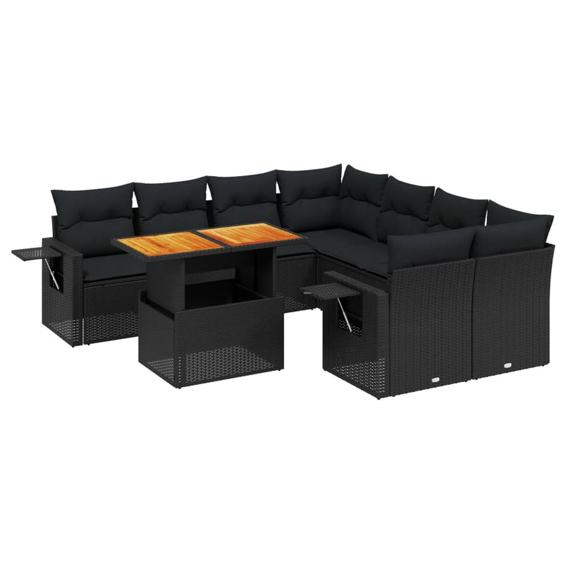 vidaXL 9 Piece Garden Sofa Set with Cushions Black Poly Rattan