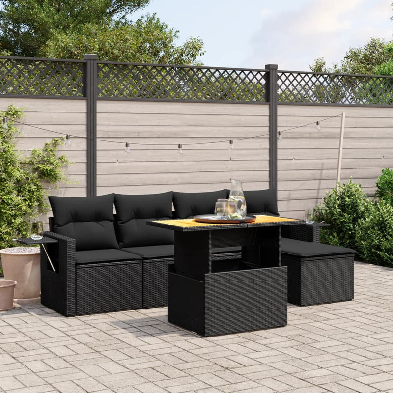 vidaXL 6 Piece Garden Sofa Set with Cushions Black Poly Rattan