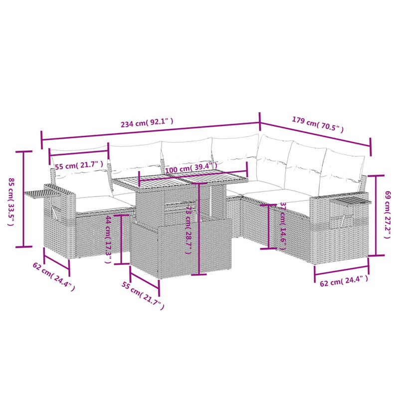 vidaXL 7 Piece Garden Sofa Set with Cushions Grey Poly Rattan