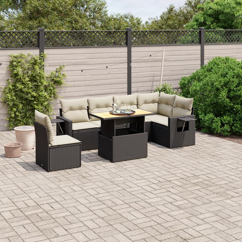 vidaXL 7 Piece Garden Sofa Set with Cushions Black Poly Rattan
