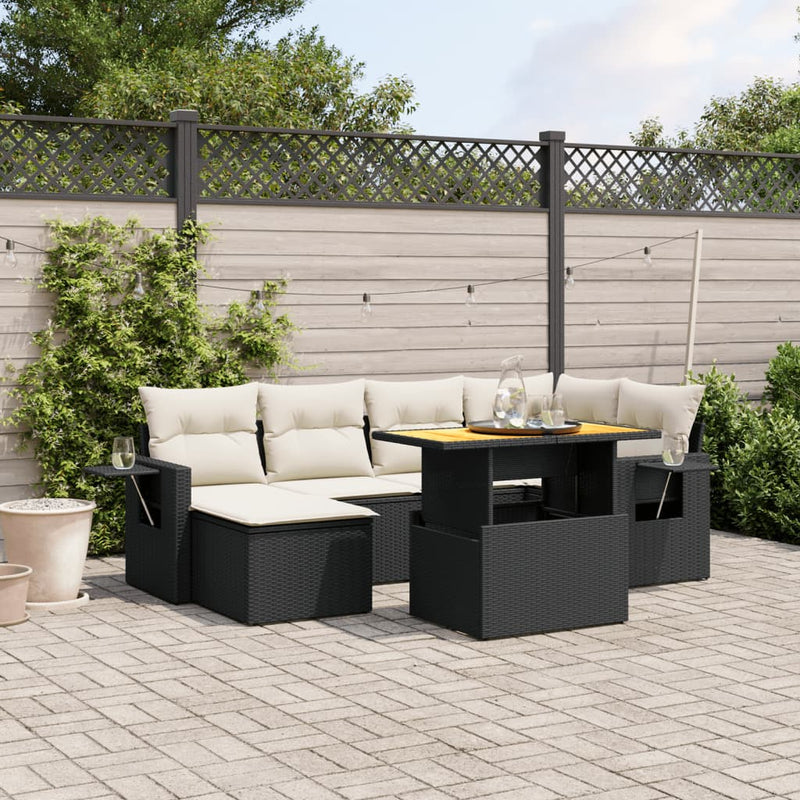 vidaXL 7 Piece Garden Sofa Set with Cushions Black Poly Rattan