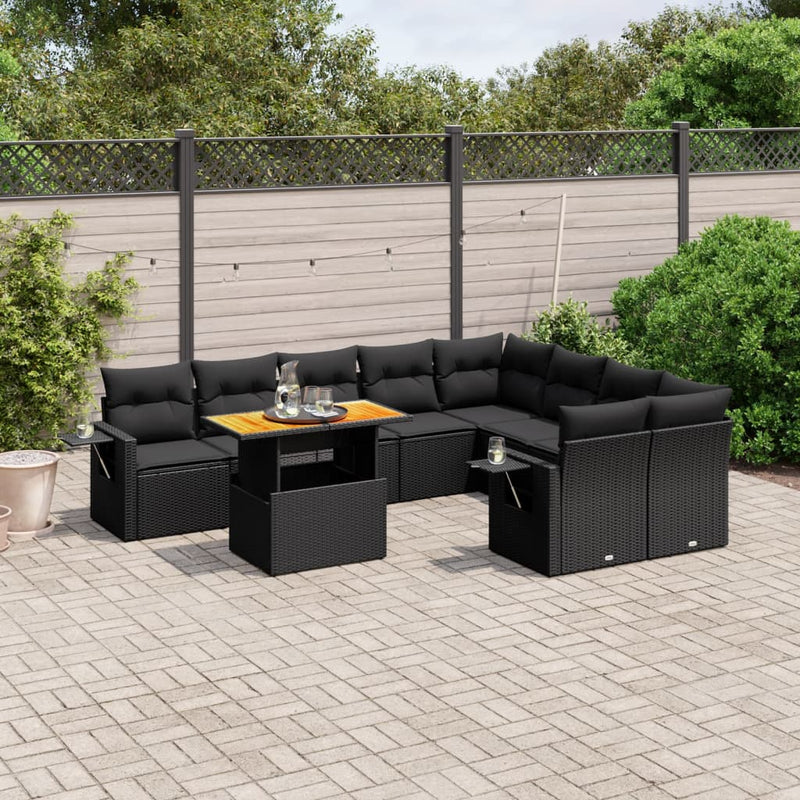vidaXL 10 Piece Garden Sofa Set with Cushions Black Poly Rattan