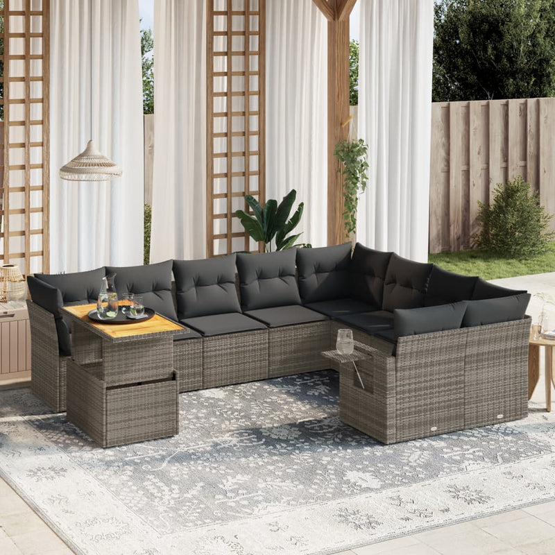 vidaXL 10 Piece Garden Sofa Set with Cushions Grey Poly Rattan