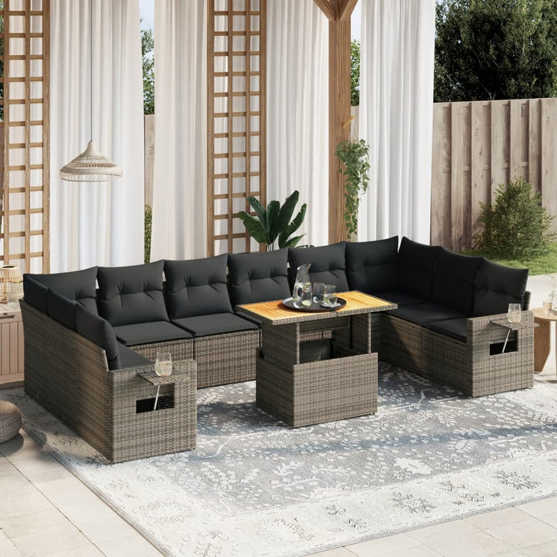 11 Piece Garden Sofa Set with Cushions Grey Poly Rattan