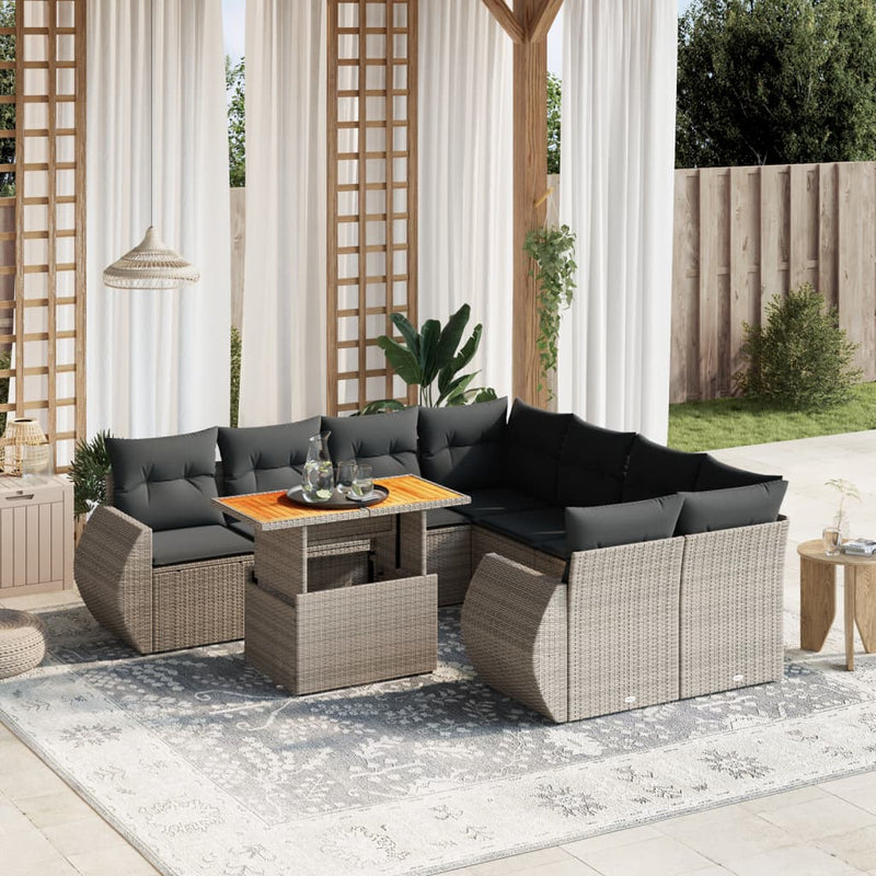 vidaXL 9 Piece Garden Sofa Set with Cushions Grey Poly Rattan