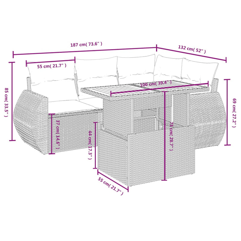 vidaXL 5 Piece Garden Sofa Set with Cushions Grey Poly Rattan
