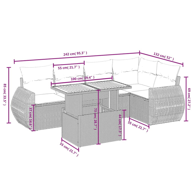 vidaXL 6 Piece Garden Sofa Set with Cushions Grey Poly Rattan